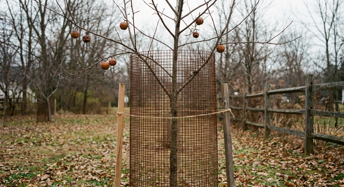 A young backyard fruit tree with a cylindrical hardware cloth guard around the trunk, staked in place in late fall