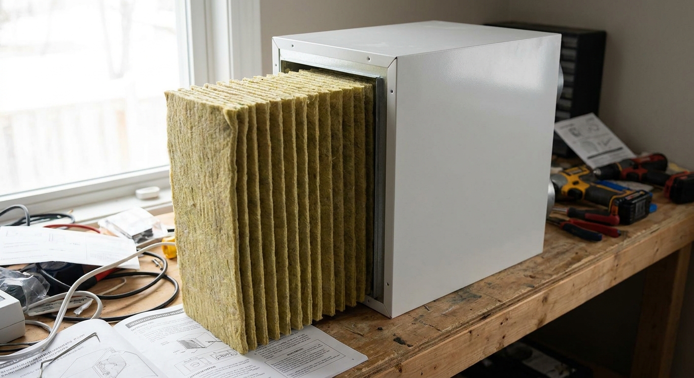 An ERV enthalpy core partially slid out of a residential ventilation unit on a workbench, natural indoor lighting