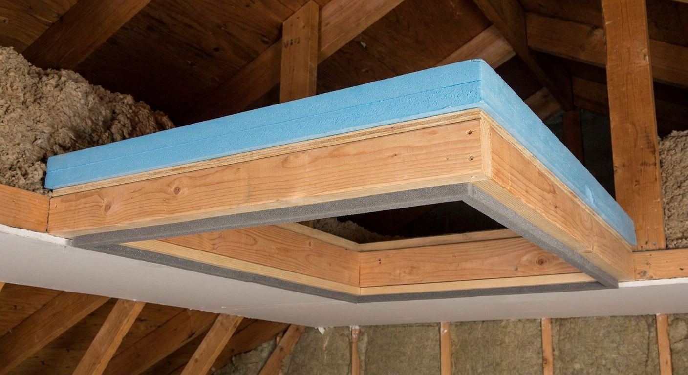An attic access hatch with rigid foam board adhered on top and weatherstripping around the opening