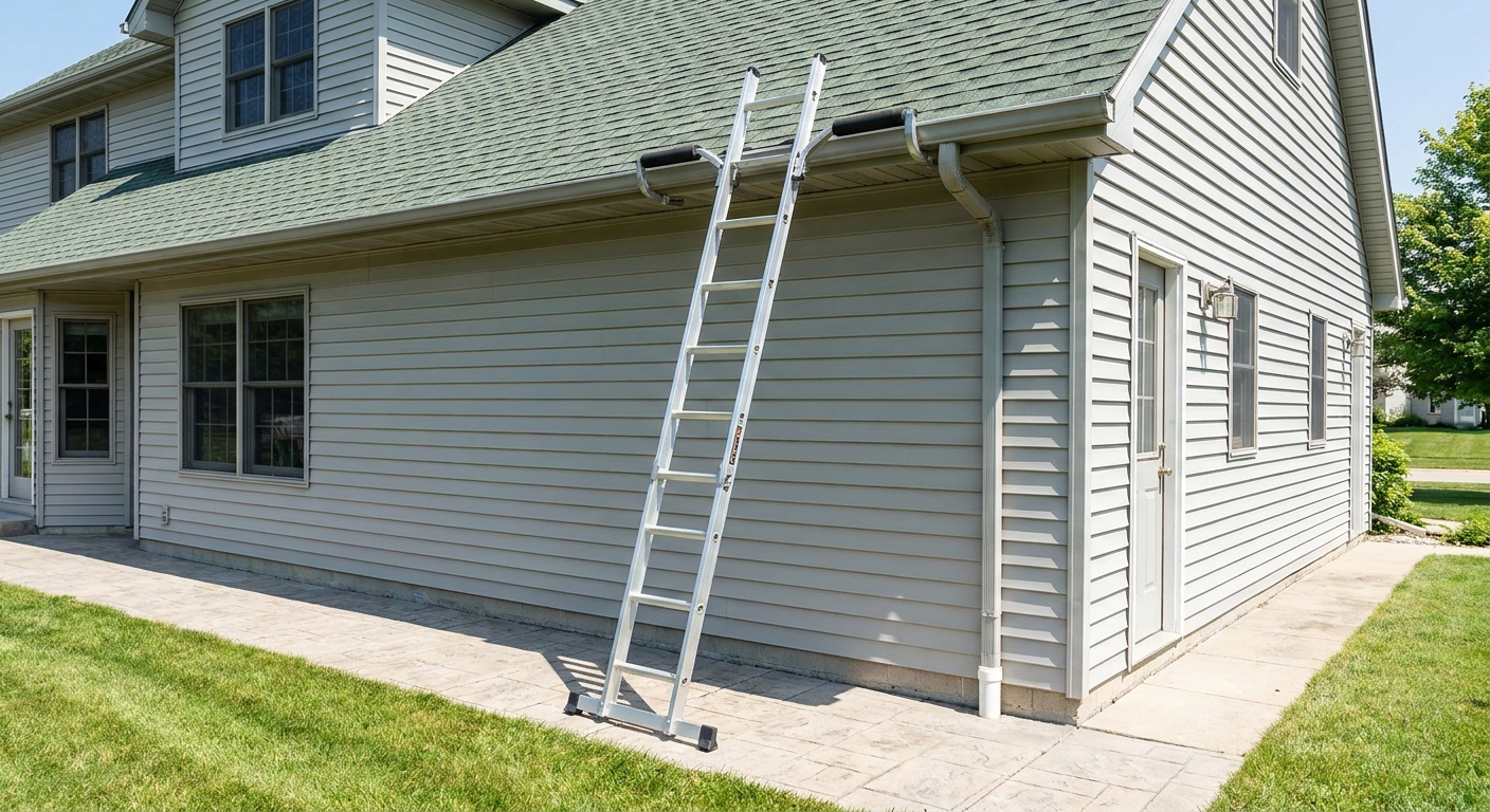 An extension ladder properly set at the edge of a house gutter with stabilizer arms, on level ground in daylight, real photo