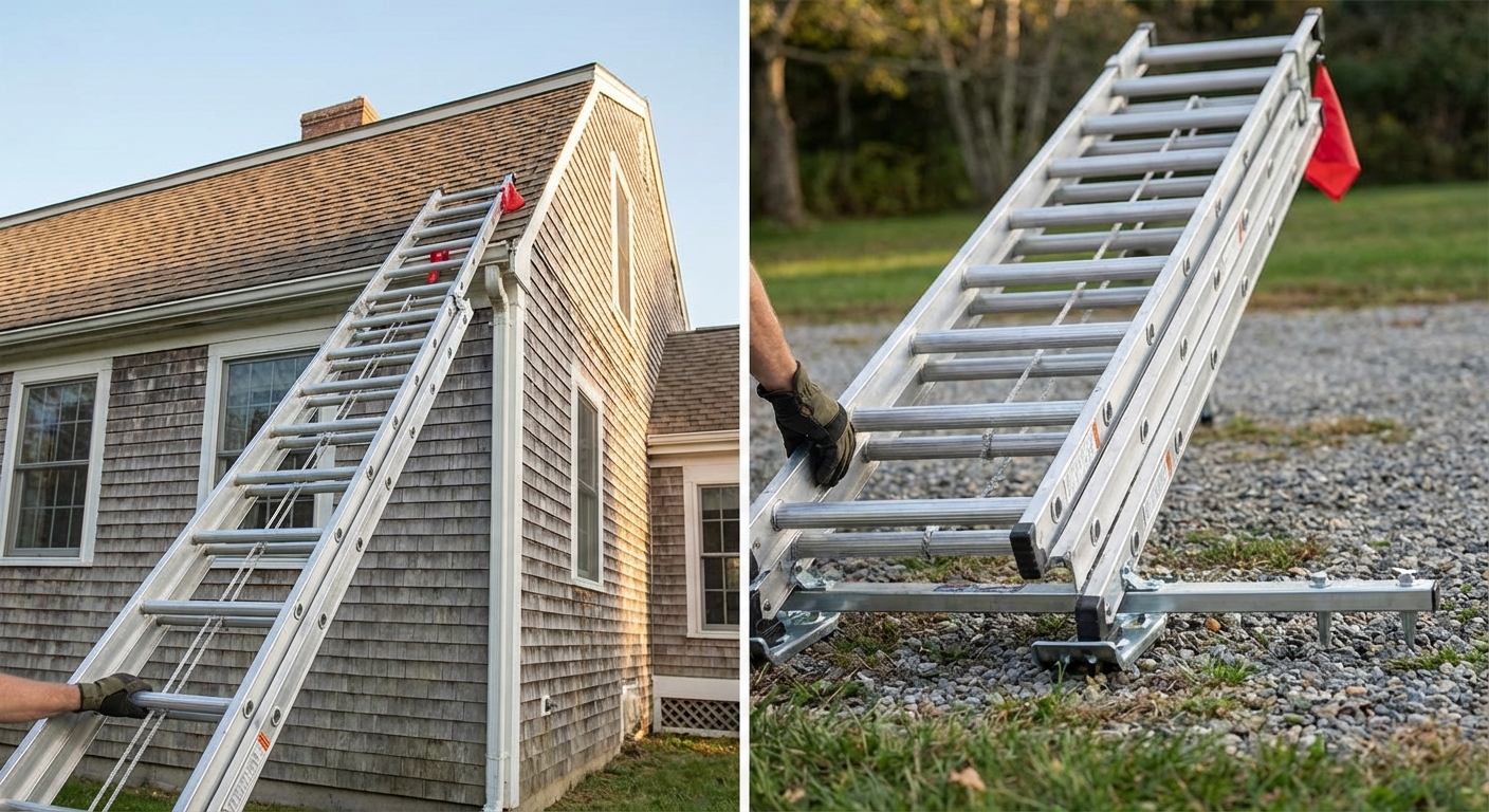 An extension ladder set at a safe angle on firm ground next to a house, with the feet stabilized and the ladder extending above the roofline