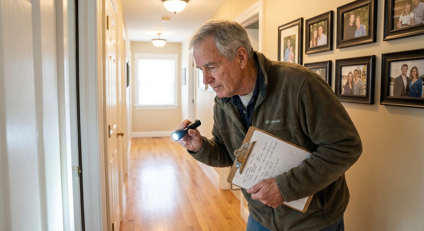 An older homeowner holding a clipboard and a small flashlight while walking through a well-lit hallway at home, checking the floor and doorway thresholds, candid real-life photo