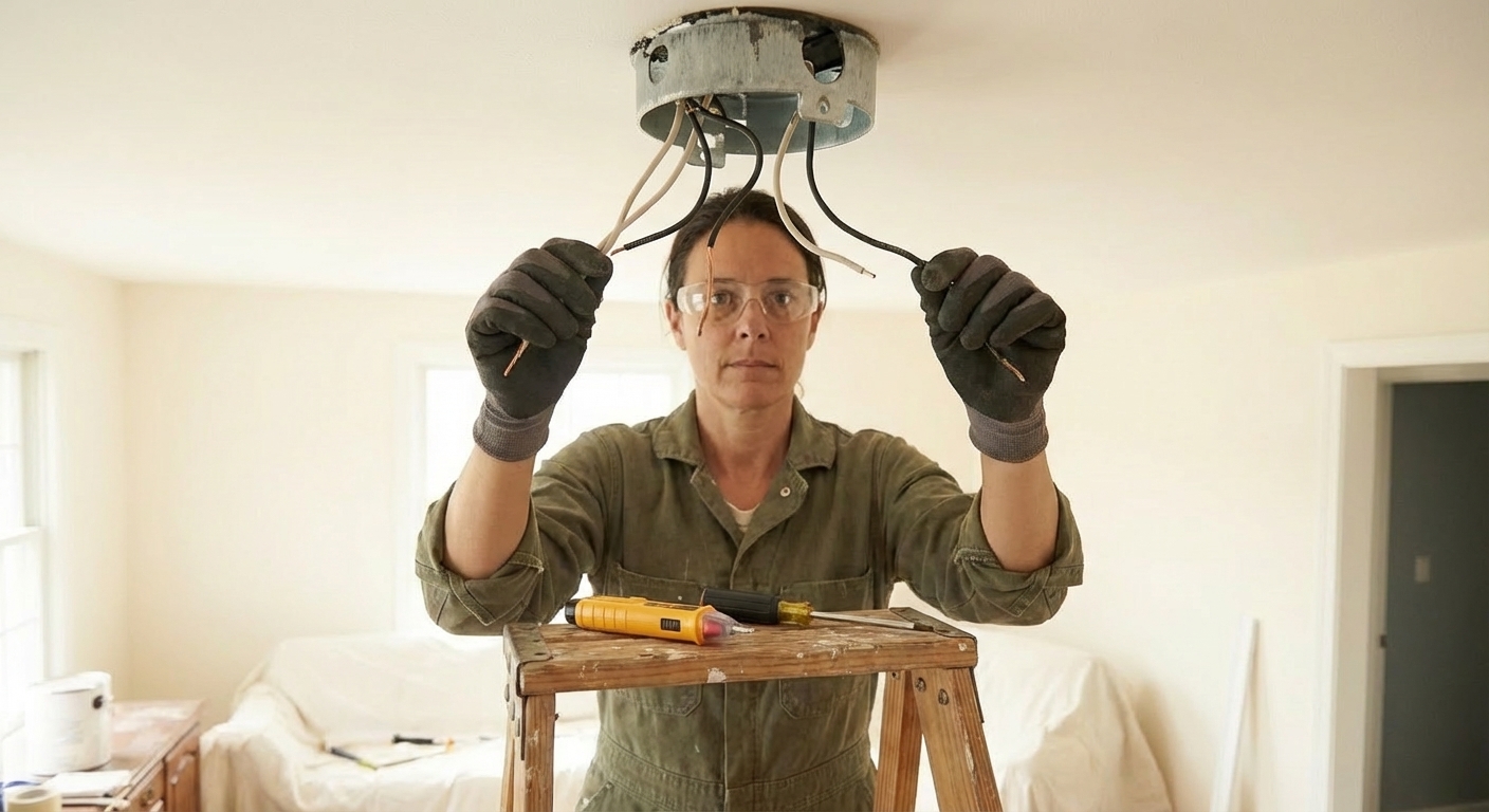 An open ceiling electrical box with black white and bare copper wires visible, photographed straight-on with a homeowner's hands holding the wires apart for clarity, photorealistic DIY scene
