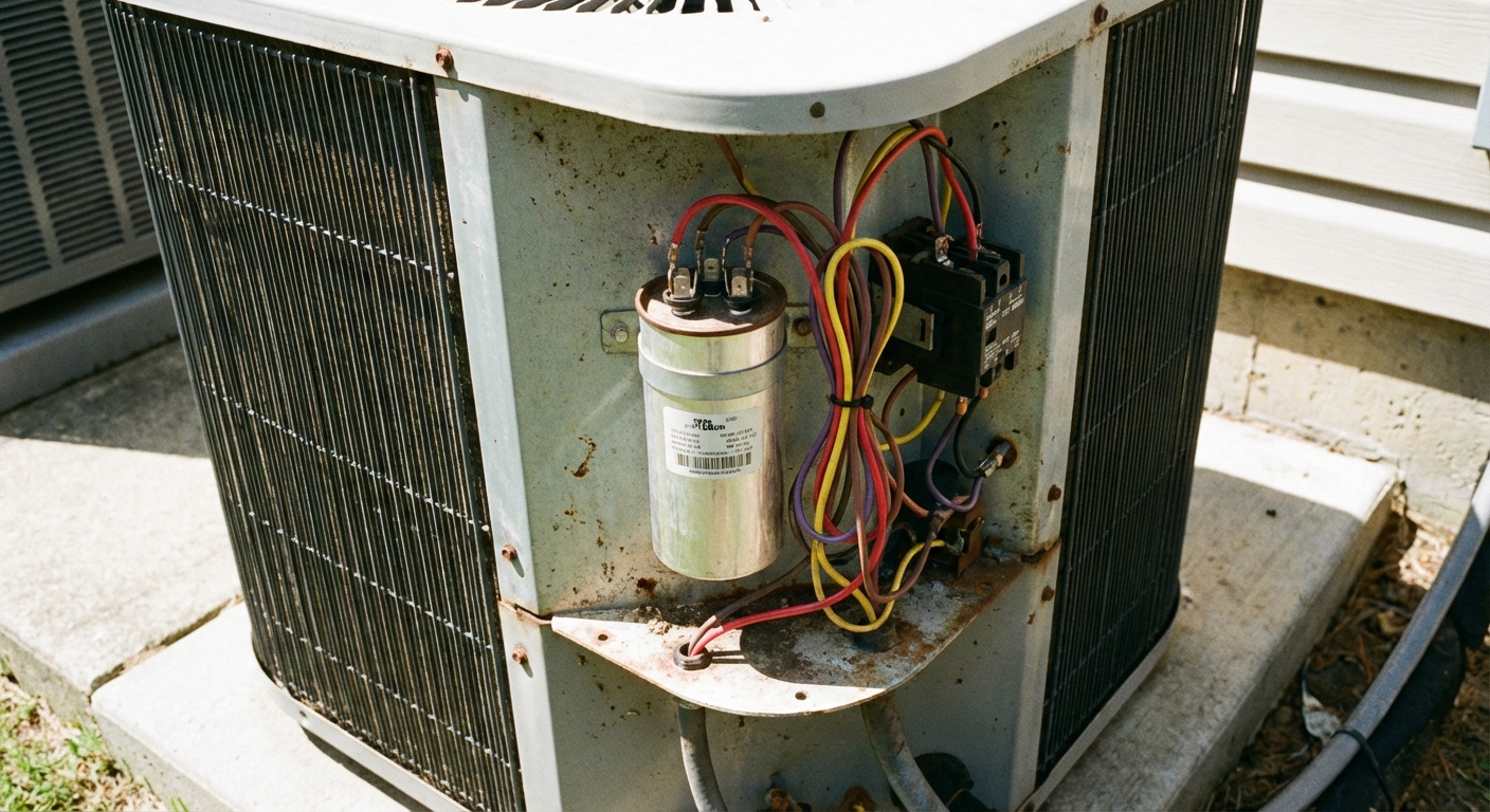 An open central AC condenser electrical compartment showing a cylindrical dual-run capacitor with multiple wires connected, photographed in daylight