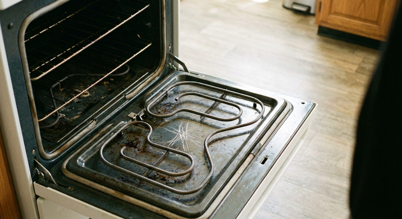 An open electric oven with the lower bake element visible at the bottom, showing light surface wear, photographed from a standing viewpoint