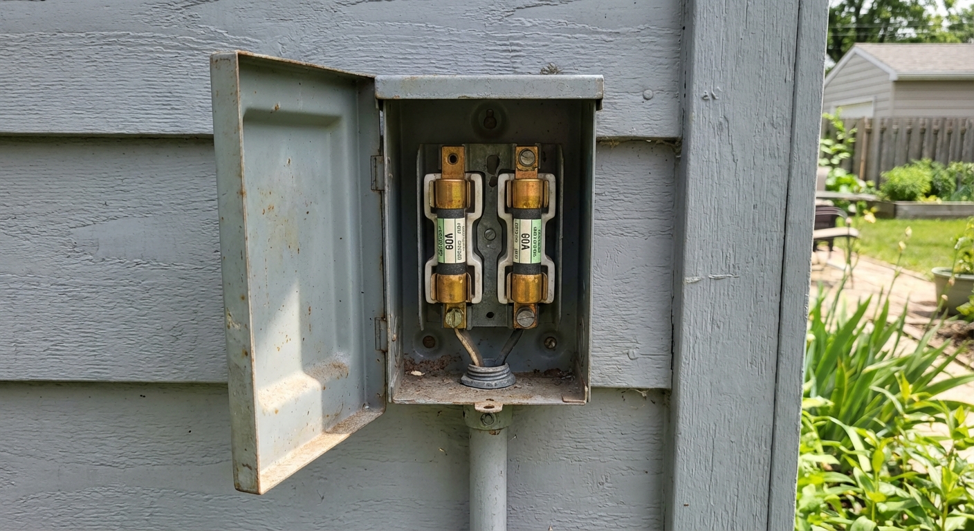 An open outdoor AC disconnect box mounted on siding with two cartridge fuses visible, photographed straight-on in daylight