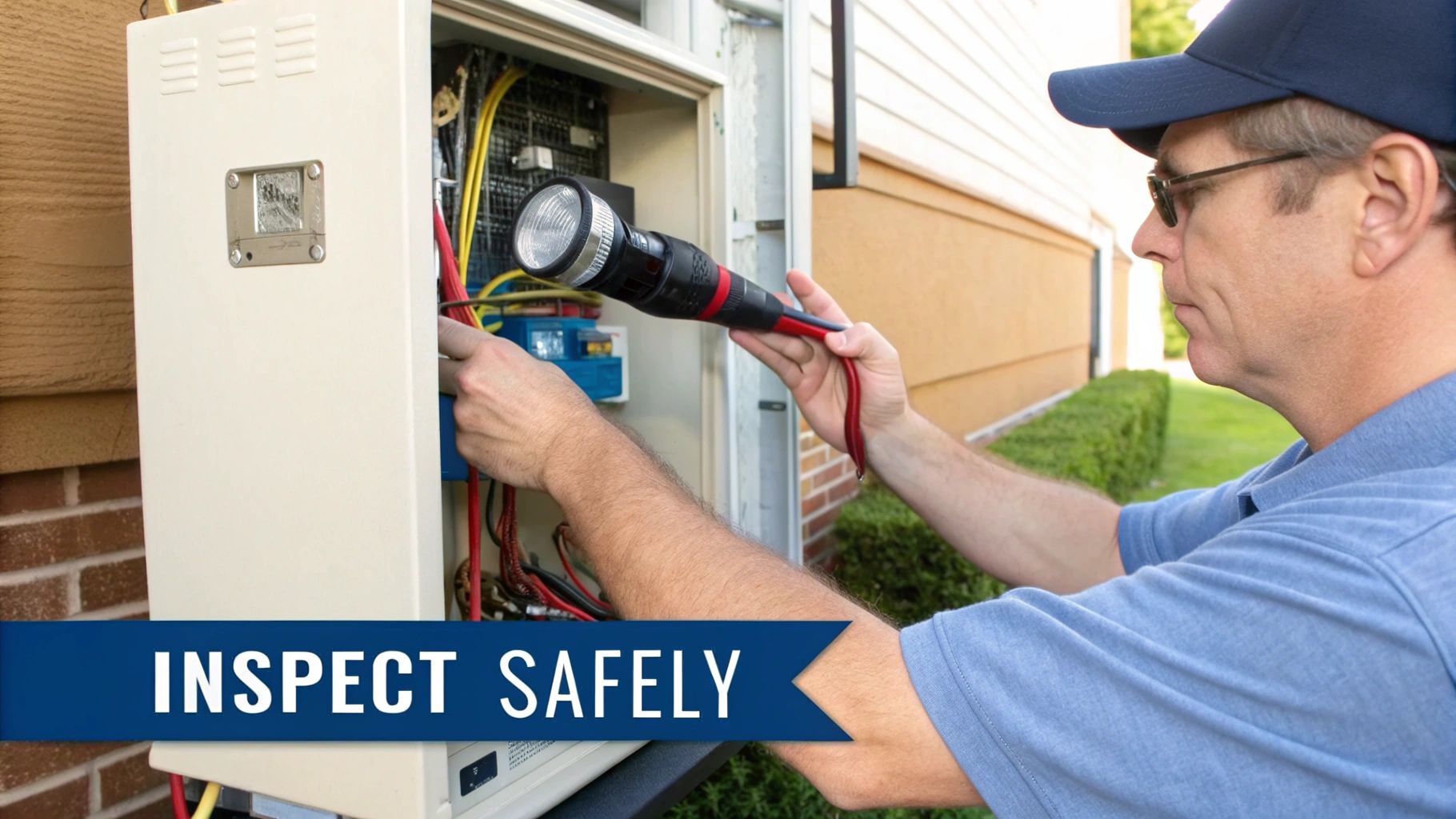 An open residential air handler access panel with a flashlight shining toward the evaporator coil area, realistic home maintenance photo