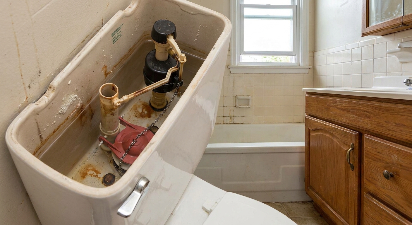An open toilet tank showing the flapper, chain, and fill valve components in a real bathroom