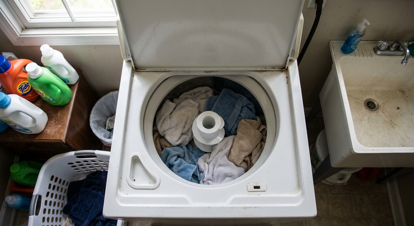 An open top-load washing machine with a small pile of towels evenly distributed around the drum, photographed from above in a real laundry room