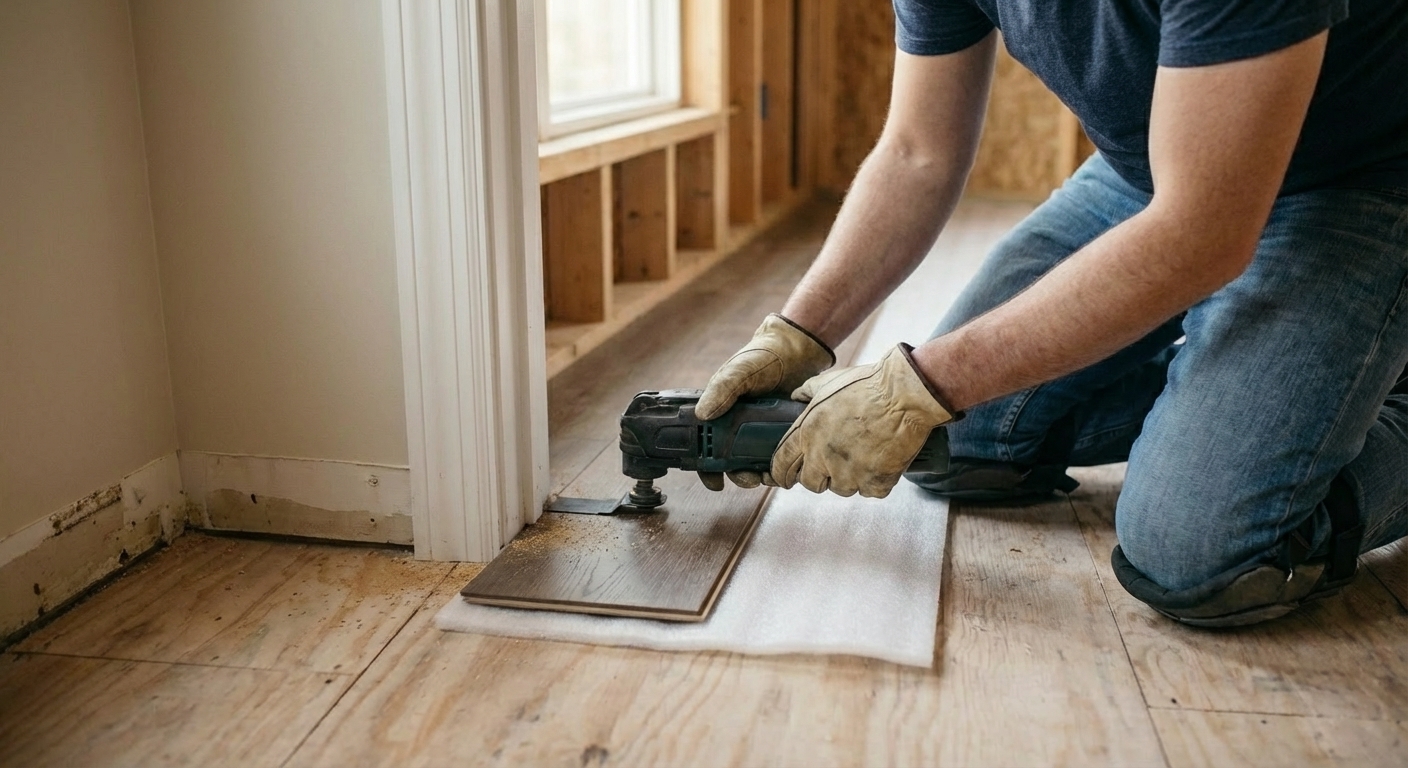 An oscillating multi-tool cutting the bottom of a painted door casing with a scrap of laminate and underlayment used as a height guide, realistic close-up photo