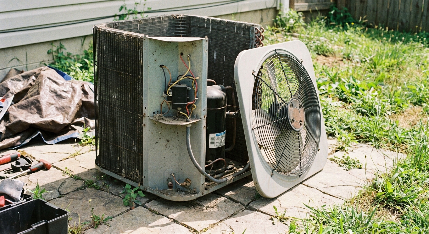 An outdoor AC condenser with the fan top carefully lifted and set beside the unit, real photo