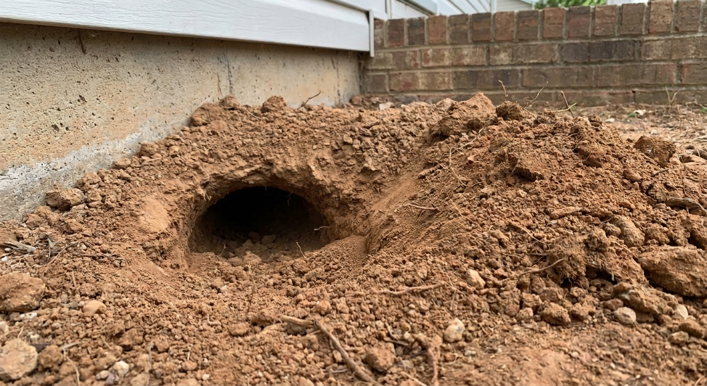 An oval armadillo burrow entrance in bare soil near a home foundation, loose dirt piled around the opening, realistic photo