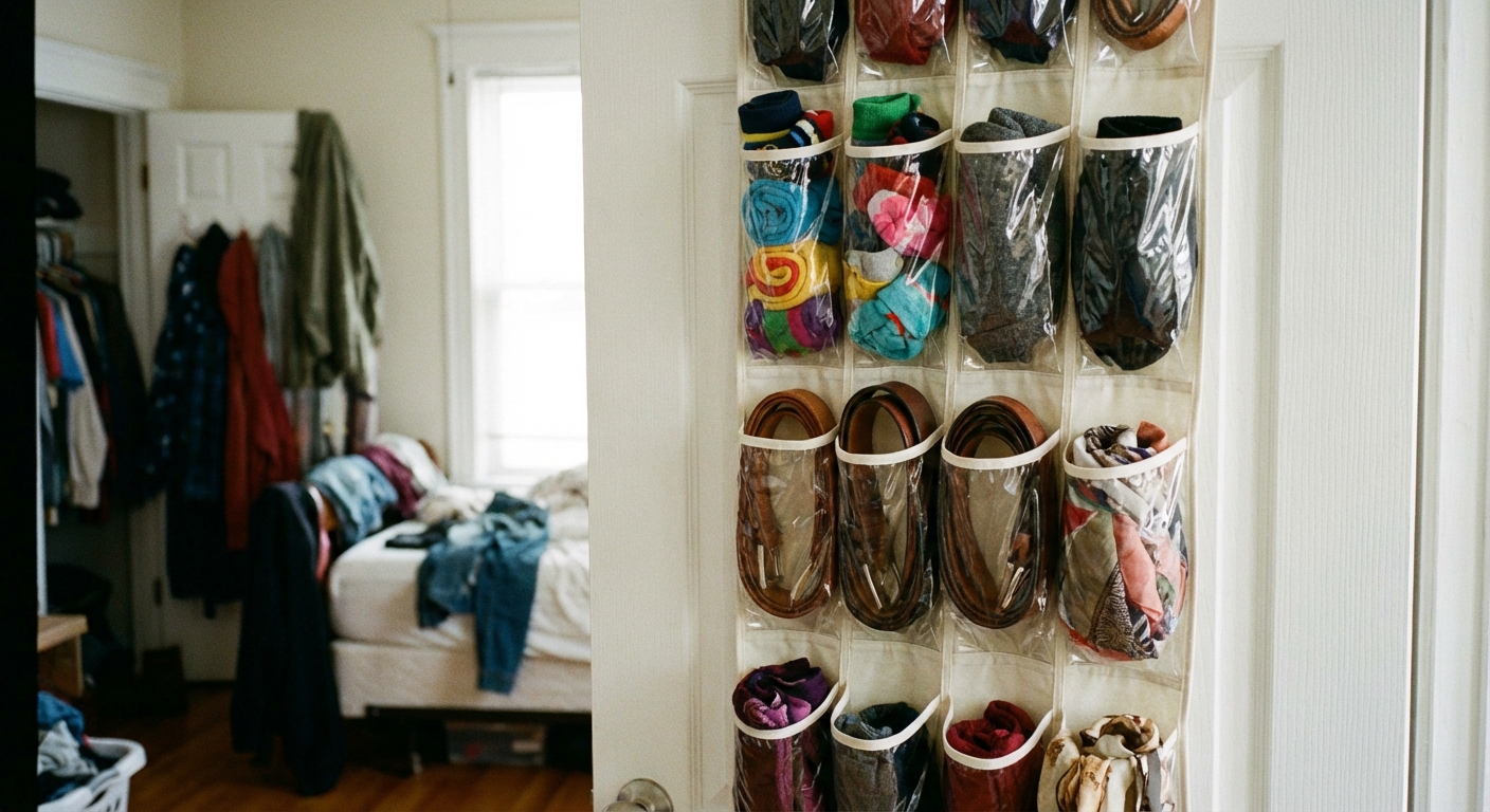 An over-the-door organizer hanging on a closet door with rolled socks, belts, and scarves in the pockets