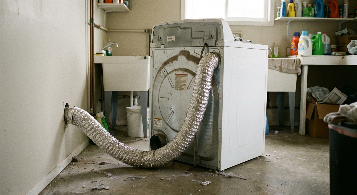 Back of a clothes dryer pulled away from the wall showing a flexible vent hose connected in a laundry room