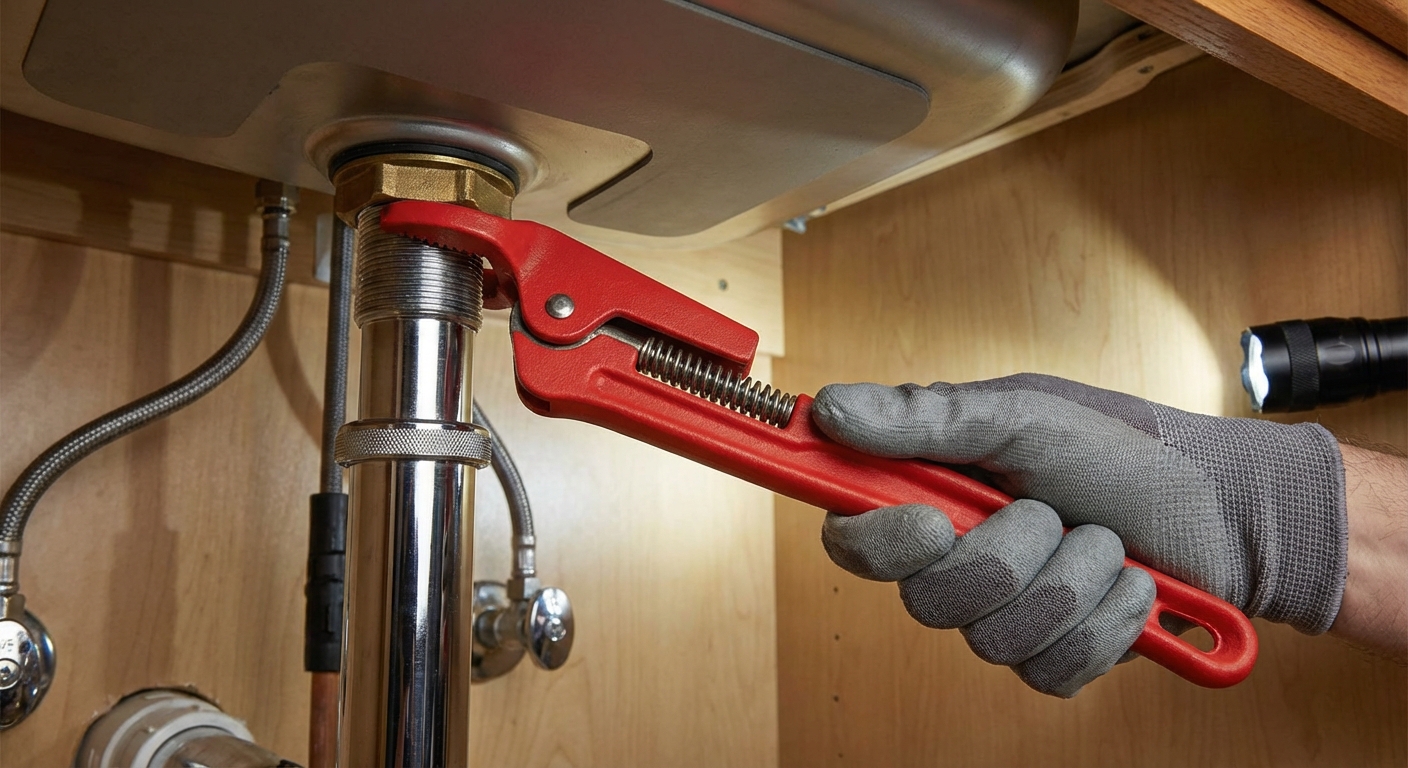Basin wrench gripping a faucet mounting nut under a kitchen sink