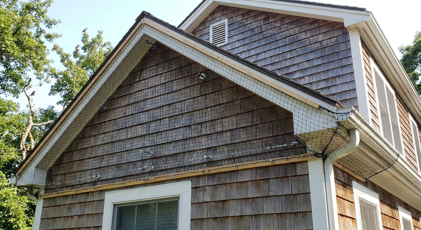 Black bird exclusion netting installed over a section of house siding near a gable, attached neatly and held away from the wall