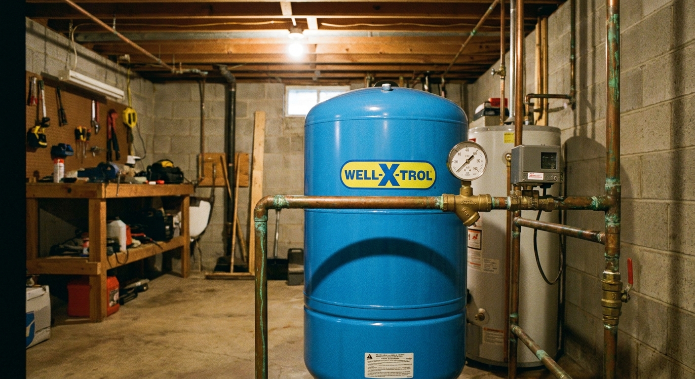 Blue residential well pressure tank installed in a basement utility room with copper piping and a pressure gauge