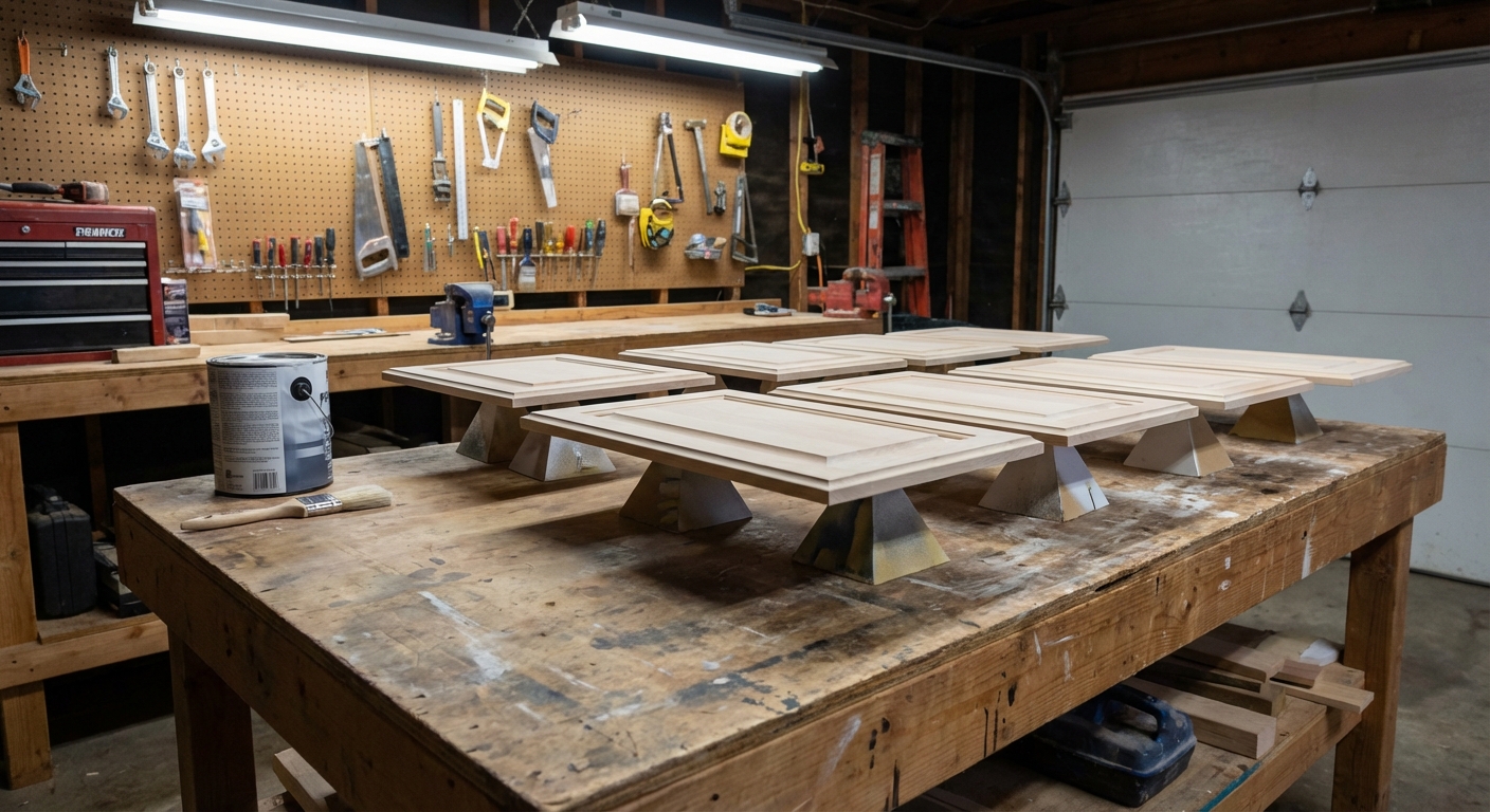 Cabinet doors resting on small supports on a work table in a garage, ready for primer