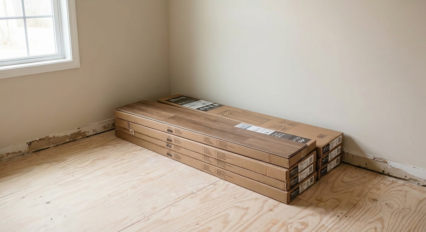 Cardboard boxes of laminate flooring stacked flat in the corner of an empty room with painted walls and baseboards removed, realistic home interior photo