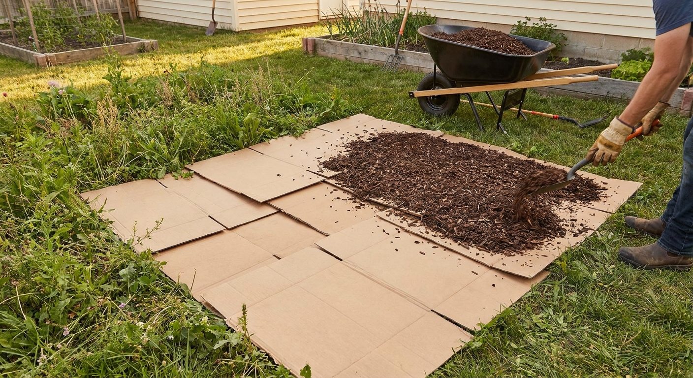Cardboard sheets laid flat over a weedy area with mulch spread on top in a backyard