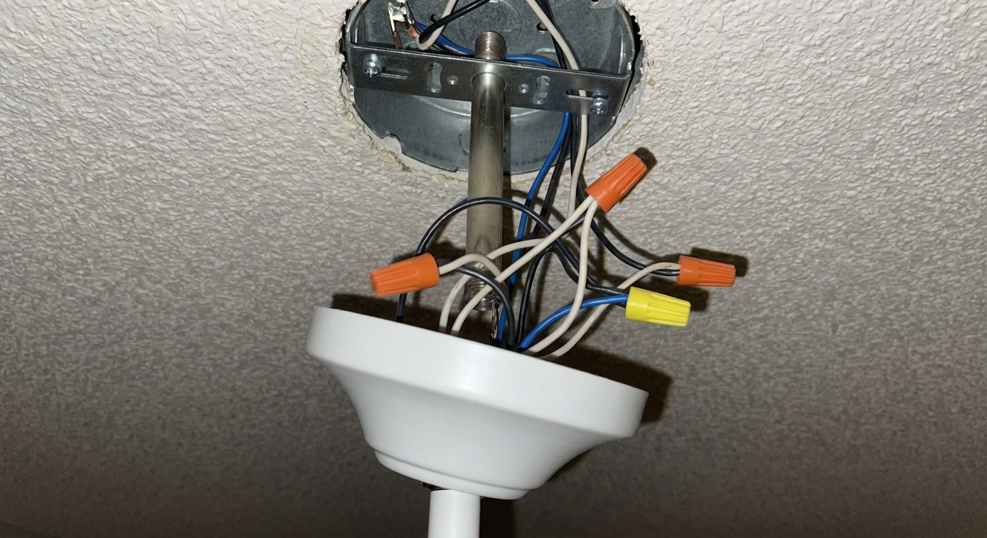 Ceiling fan canopy lowered to show wire nut connections