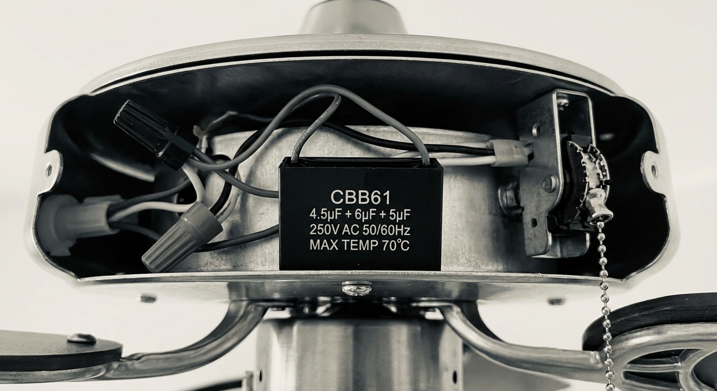 Ceiling fan capacitor with printed ratings inside switch housing
