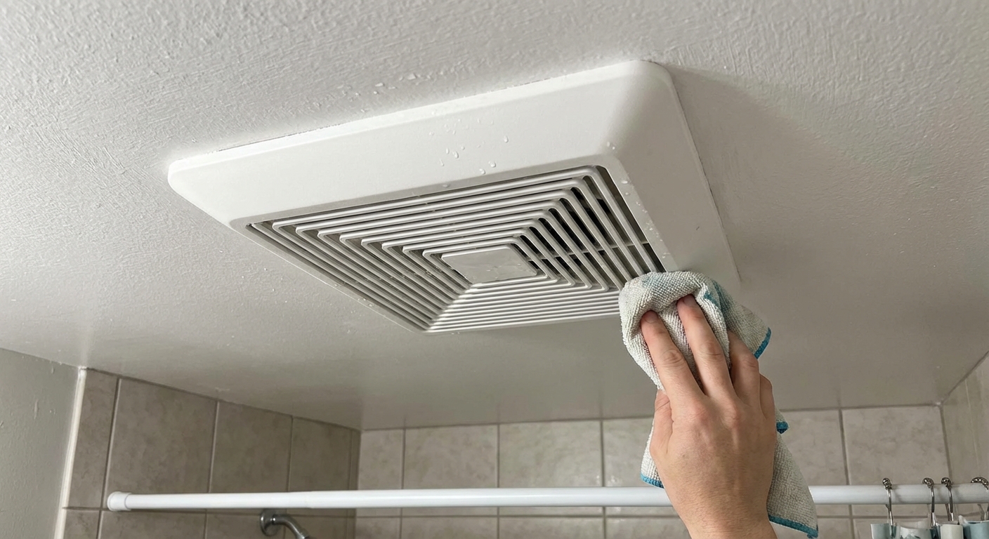 Clean bathroom exhaust fan mounted on a ceiling