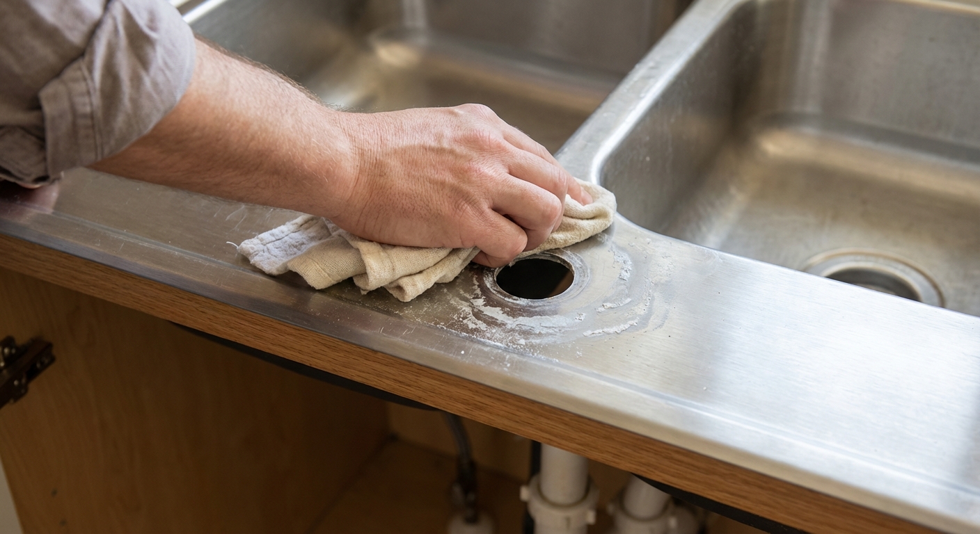Cleaning residue around sink faucet holes with a rag