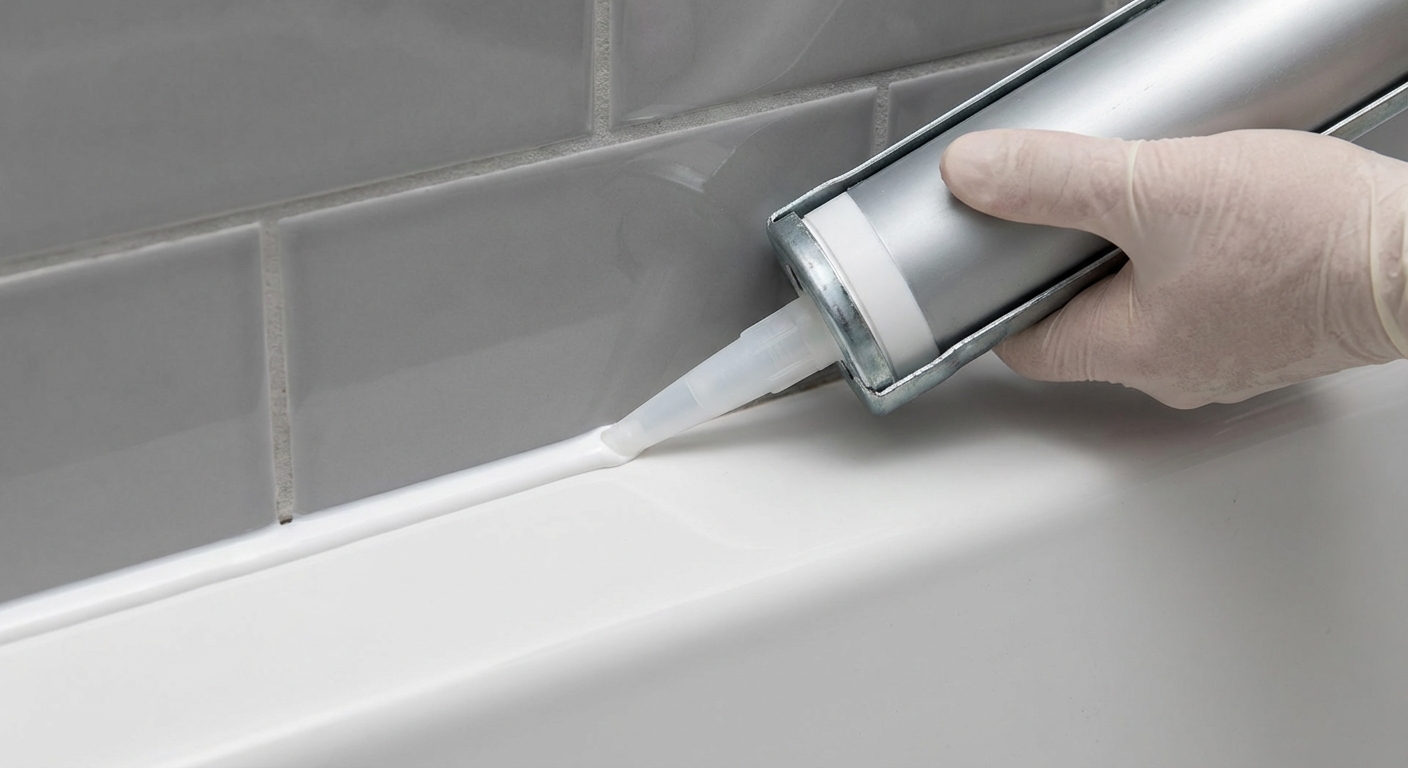 Close-up of a caulk gun applying a smooth continuous bead of white silicone along the seam between a bathtub and tile, steady hand, photorealistic