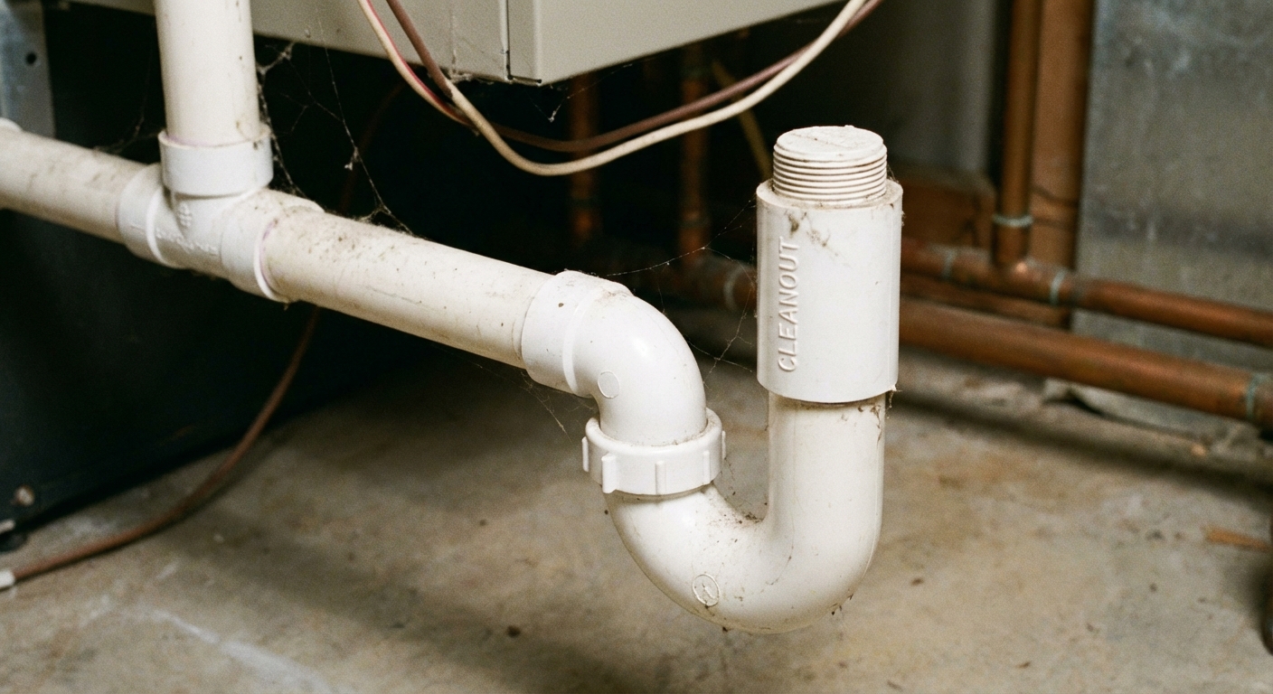 Close-up of a central air handler condensate drain line made of white PVC with a small P-trap and a vertical cleanout, photographed in a home utility area with realistic lighting
