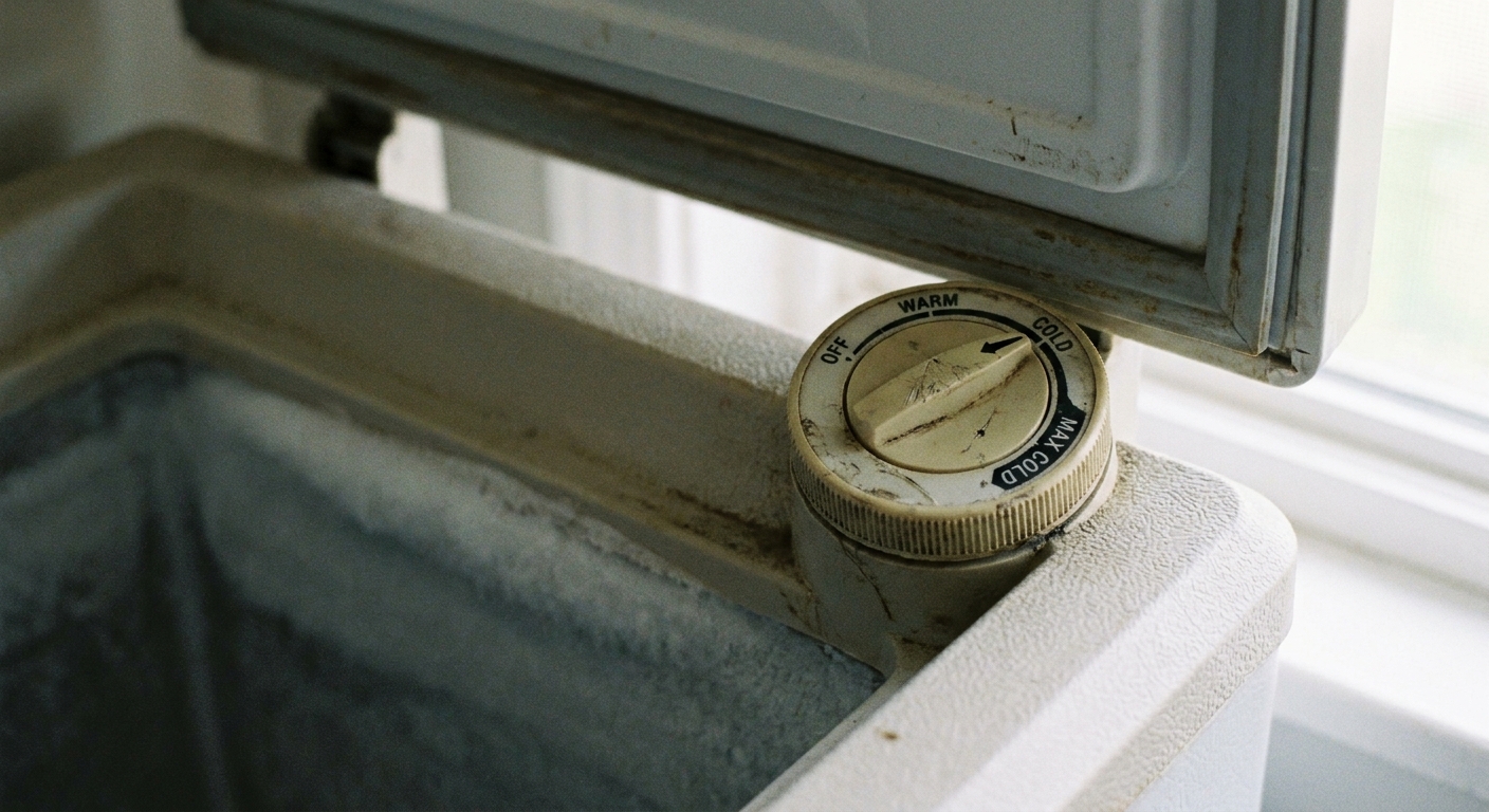 Close-up of a chest freezer temperature control dial mounted in the rim housing near the lid opening