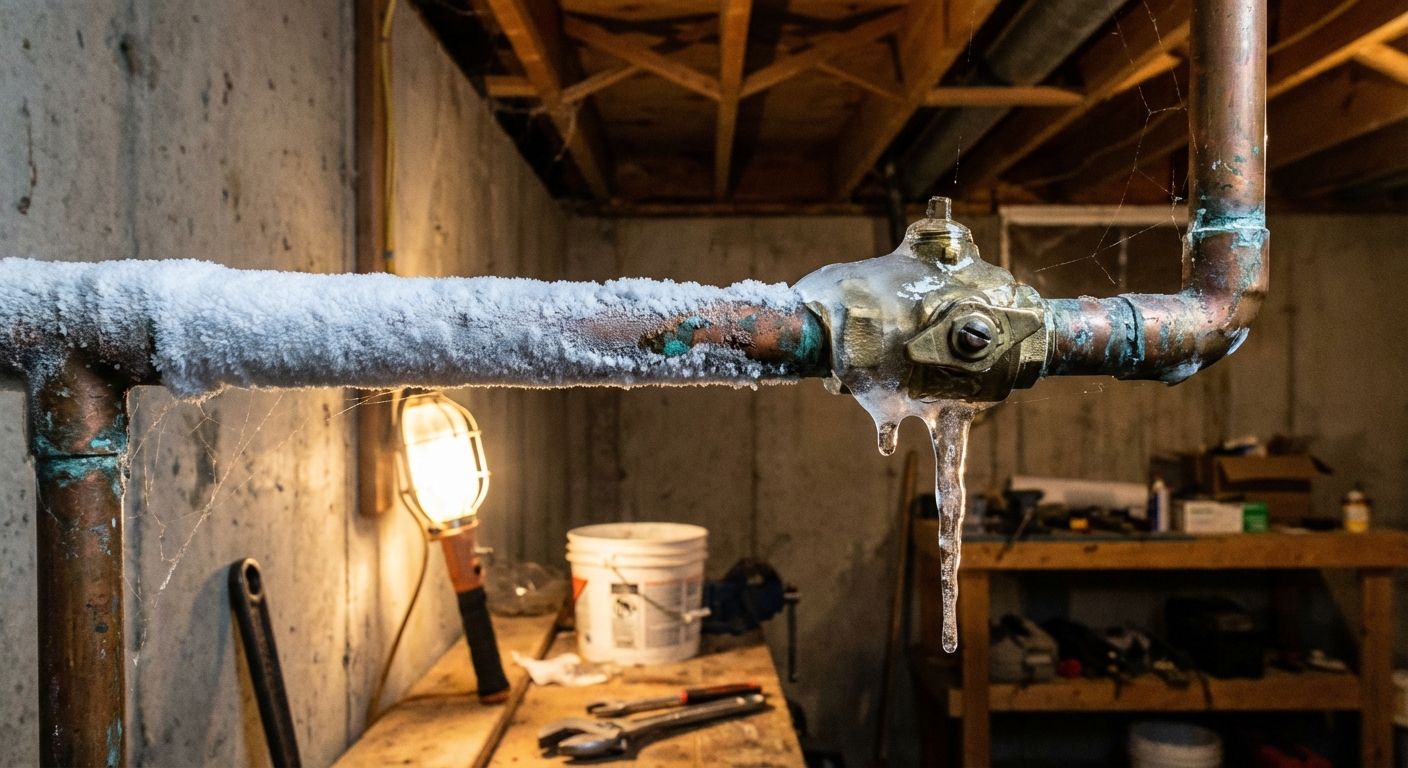 Close-up of a copper water pipe in an unfinished basement with visible frost on the pipe and a small patch of ice near a shutoff valve, low warm workshop lighting, realistic home repair scene