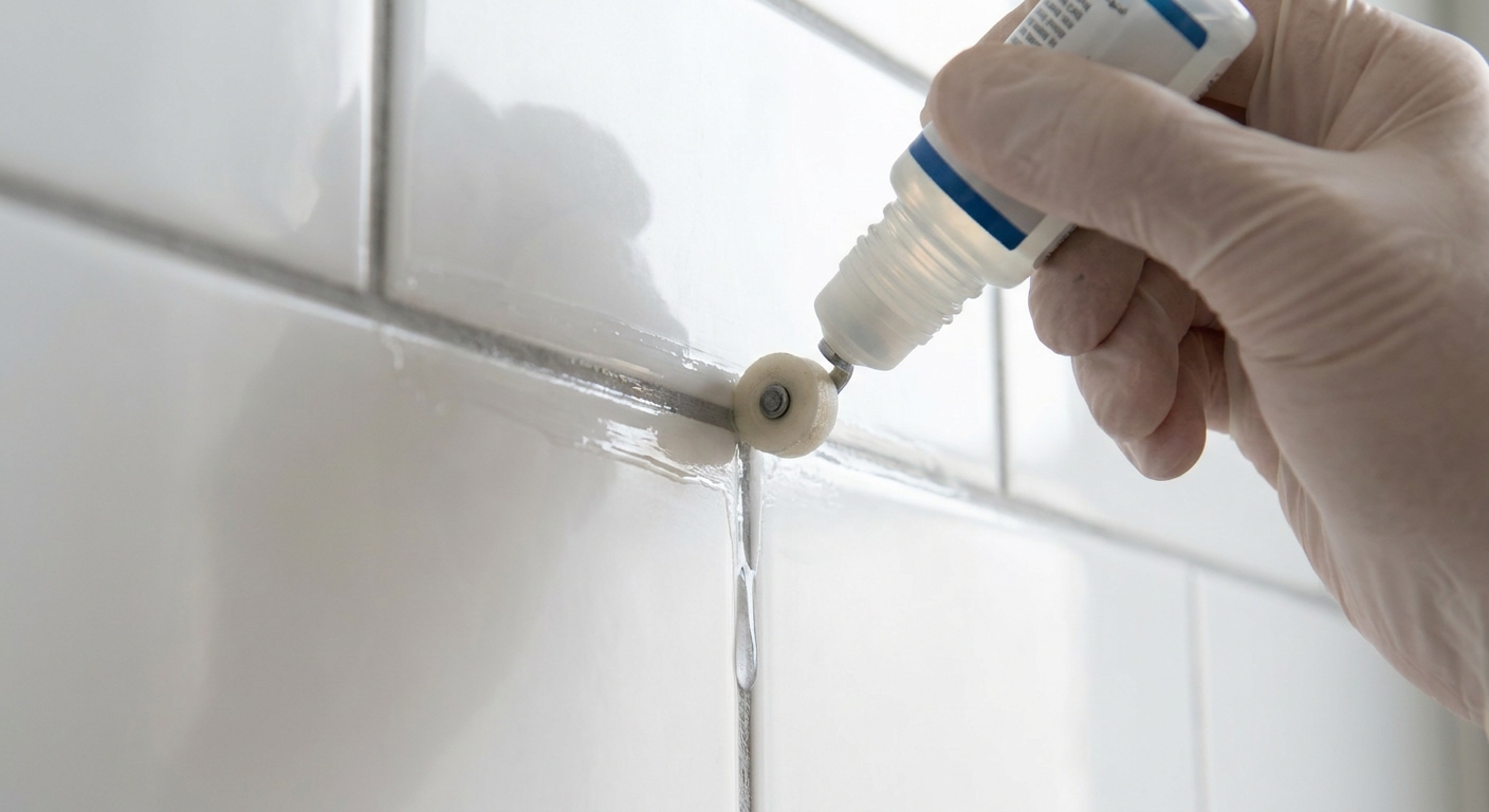Close-up of a hand applying grout sealer to vertical shower wall grout lines with a roller-tip applicator, real photo