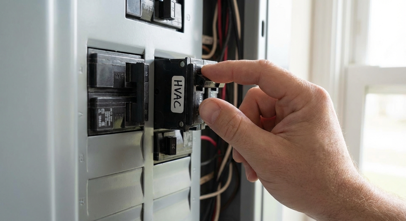 Close-up of a hand flipping an HVAC-labeled breaker switch in a residential electrical panel, natural indoor lighting, realistic photo