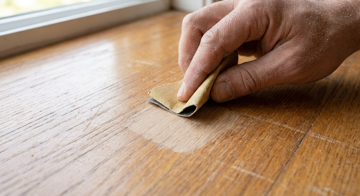 Close-up of a hand sanding a small cured wood filler patch on a hardwood floor using a small folded piece of fine sandpaper