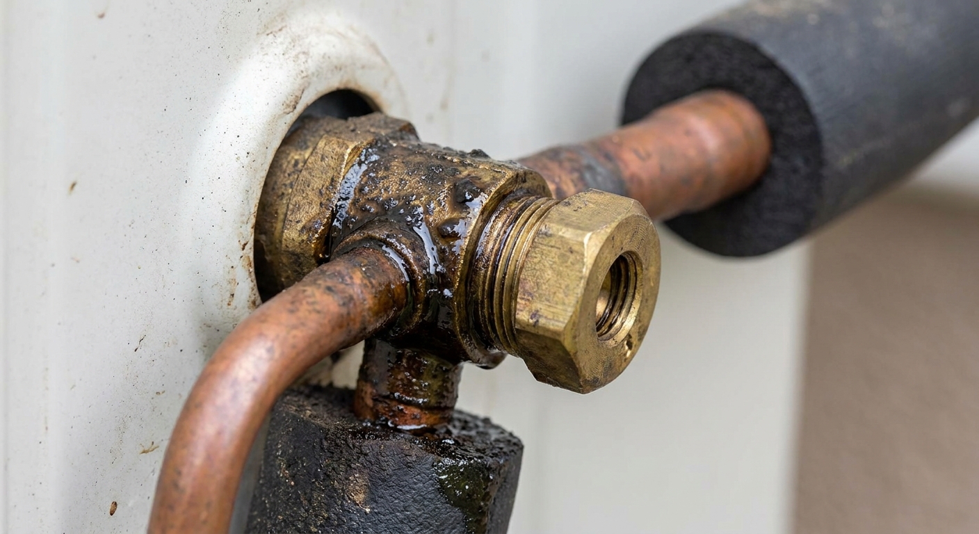 Close-up of a mini-split line set connection at an outdoor unit with visible oily residue on the copper fitting, real photograph