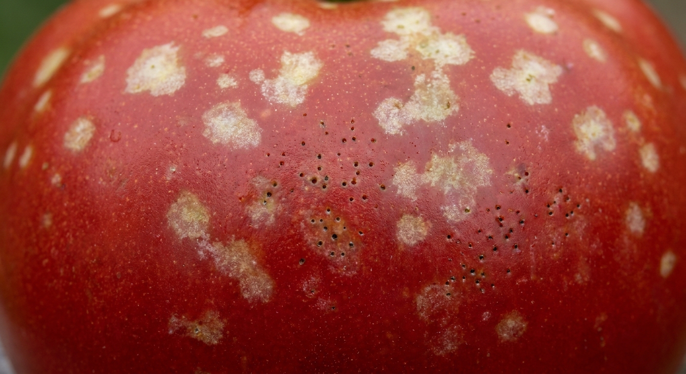 Close-up of a ripe tomato showing pale cloudy spots and small puncture marks typical of stink bug feeding