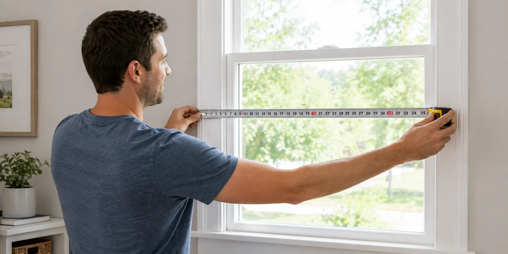 Close-up of a tape measure hooked inside a window frame at the top, measuring the inside width from jamb to jamb