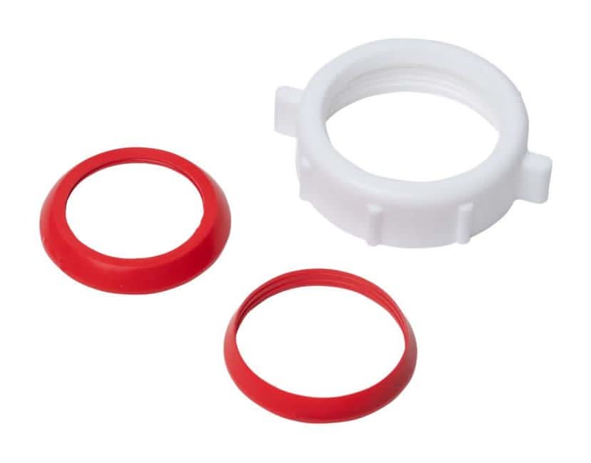Close-up of a tapered slip-joint washer next to a plastic slip nut