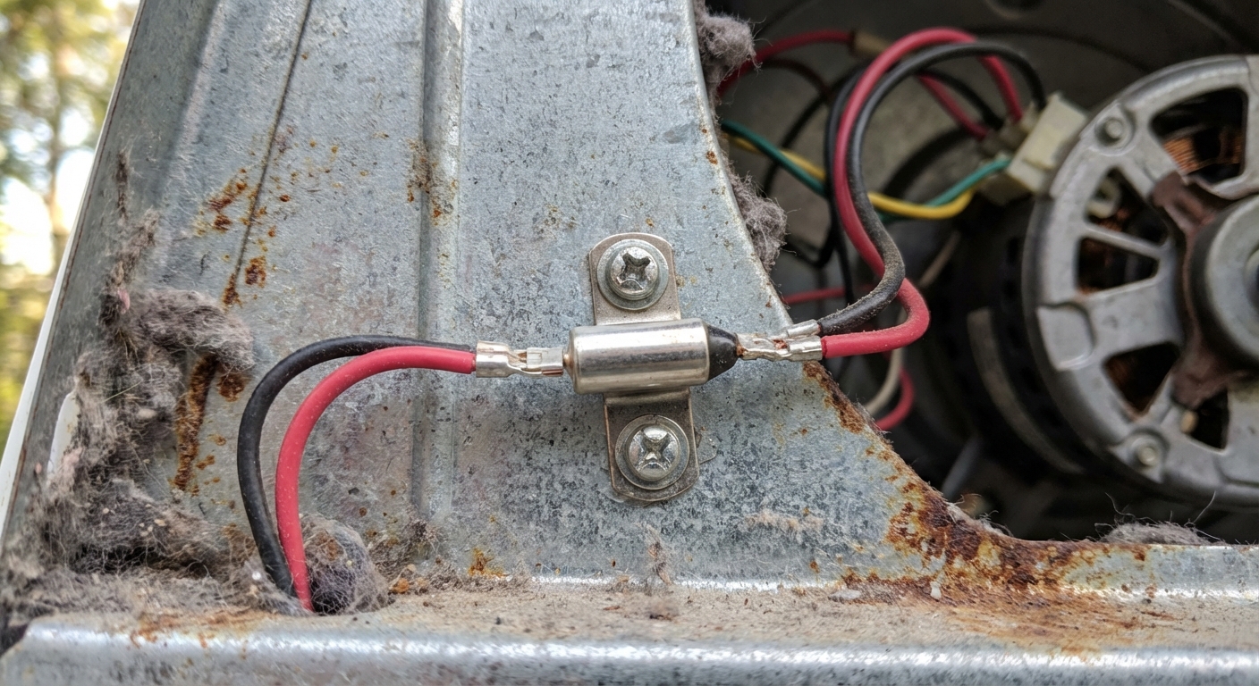 Close-up of a thermal fuse mounted on a dryer housing with two wires attached