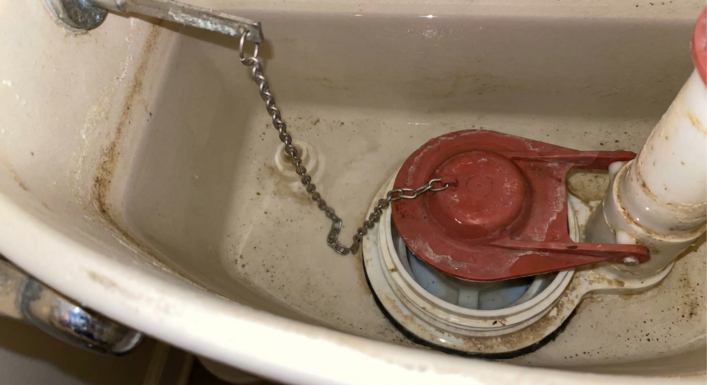 Close-up of a toilet flapper and lift chain inside an open tank, showing slight slack and the flapper seated flat on the flush valve