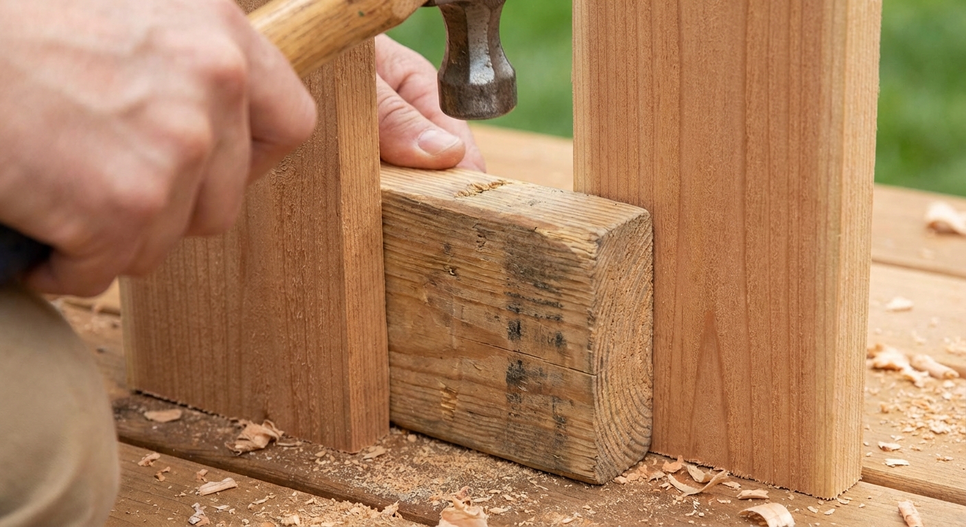 Close-up of a wood spacer block placed between two vertical slats during installation