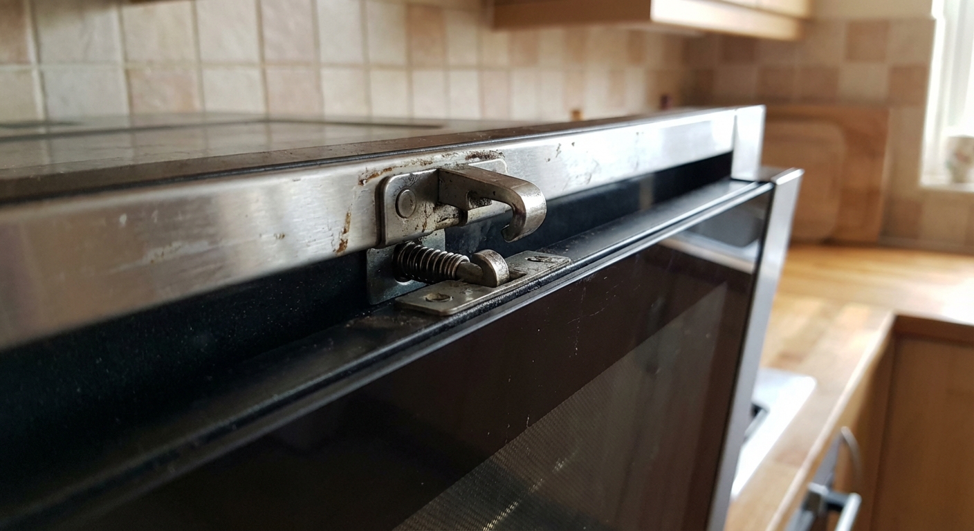 Close-up of an oven door latch mechanism at the top of the oven opening, with the door slightly ajar, showing the latch hook and strike plate in a real kitchen, photorealistic