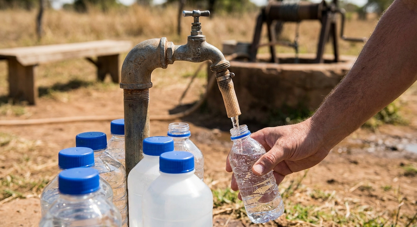 Close-up of clear sample bottles being filled from an outdoor hose bib connected to a private well, real photo