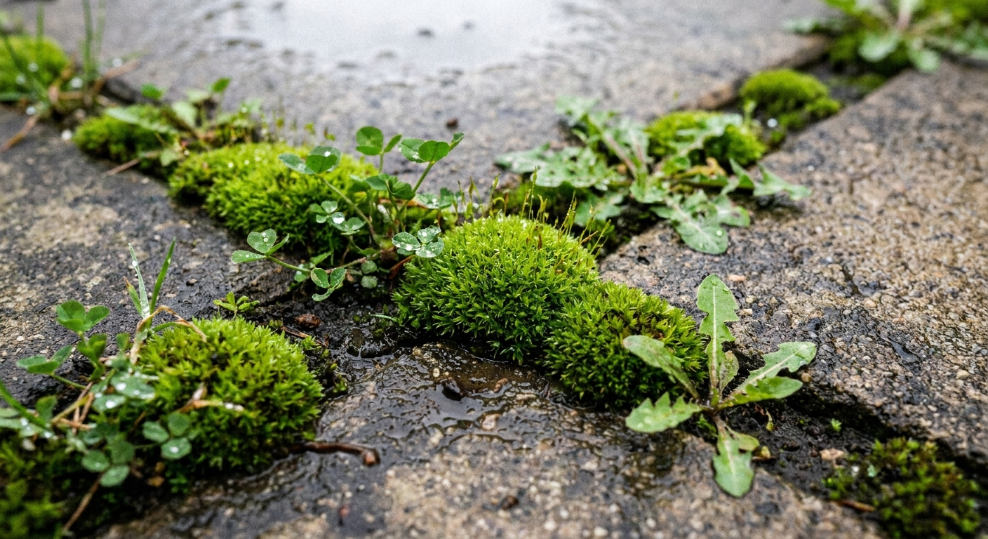 Close-up of green moss and small weeds growing between concrete pavers with damp joints after a rainfall, realistic photo