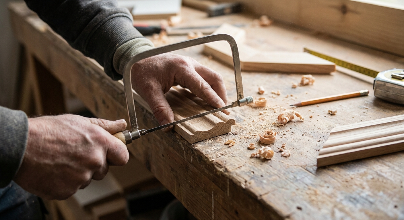Close-up of hands holding a coping saw cutting along the profile of a baseboard end after a miter cut, with wood shavings on a workbench