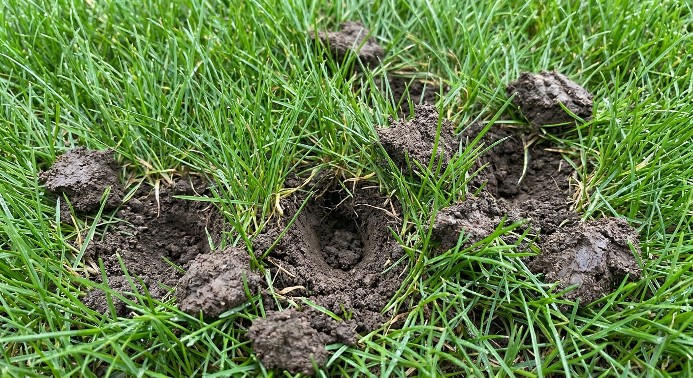 Close-up of several small cone-shaped holes and divots in green turfgrass, fresh soil visible around the openings, realistic yard photo