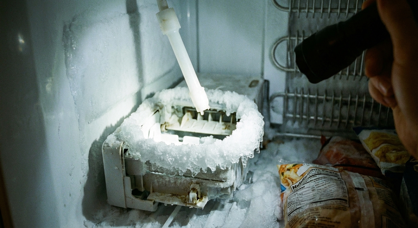 Close-up photo inside a freezer showing the plastic fill tube above the ice maker, with frost buildup around the tube opening, taken with a handheld flashlight