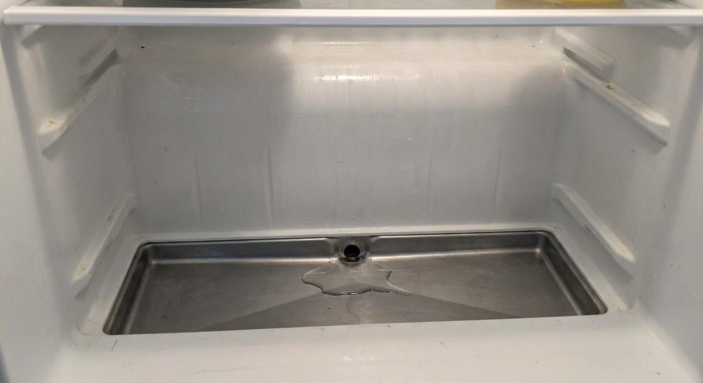 Close-up photo inside a refrigerator with crisper drawers removed, showing the back interior wall and a small drain hole at the bottom with a little water pooled nearby, photorealistic