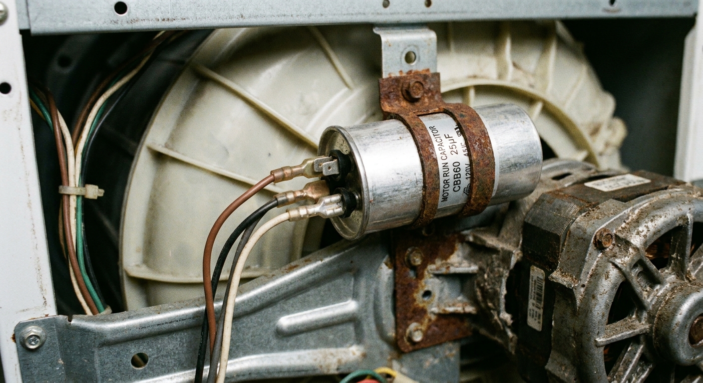 Close-up photo inside a washing machine showing a cylindrical motor capacitor mounted near the motor, with wiring connectors visible